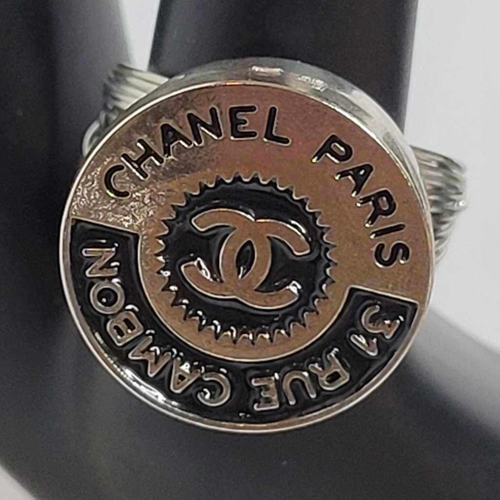 Silver/Black Chanel Button, Stainless Steel Adjustable Ring